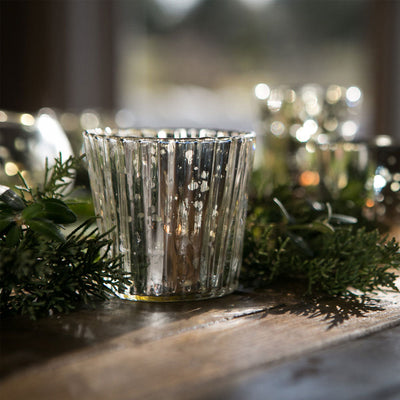 Vintage Mercury Glass Candle Holder (3-Inch, Caroline Design, Vertical Motif, Silver) - For use with Tea Lights - Home Decor, Parties and Wedding Decorations - AsianImportStore.com - B2B Wholesale Lighting & Décor since 2002.