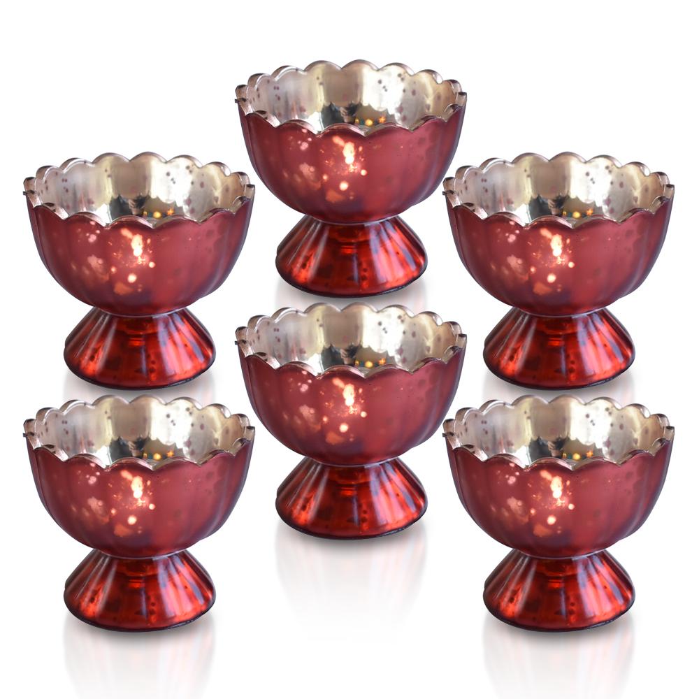 6 Pack | Vintage Mercury Glass Chalice Candle Holders (3-Inch, Suzanne Design, Sundae Cup Motif, Rustic Copper Red) - For Use with Tea Lights - For Home Decor, Parties and Wedding Decorations - AsianImportStore.com - B2B Wholesale Lighting & Decor since 2002