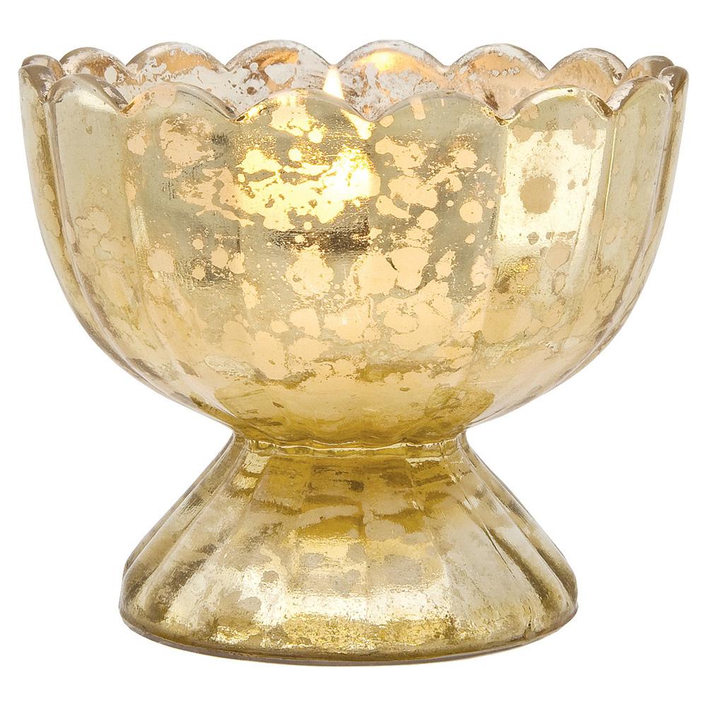 Vintage Mercury Glass Candle Holder (3-Inch, Suzanne Design, Sundae Cup Motif, Gold) - For Use with Tea Lights - Home Decor and Wedding Decorations - AsianImportStore.com - B2B Wholesale Lighting & Decor since 2002