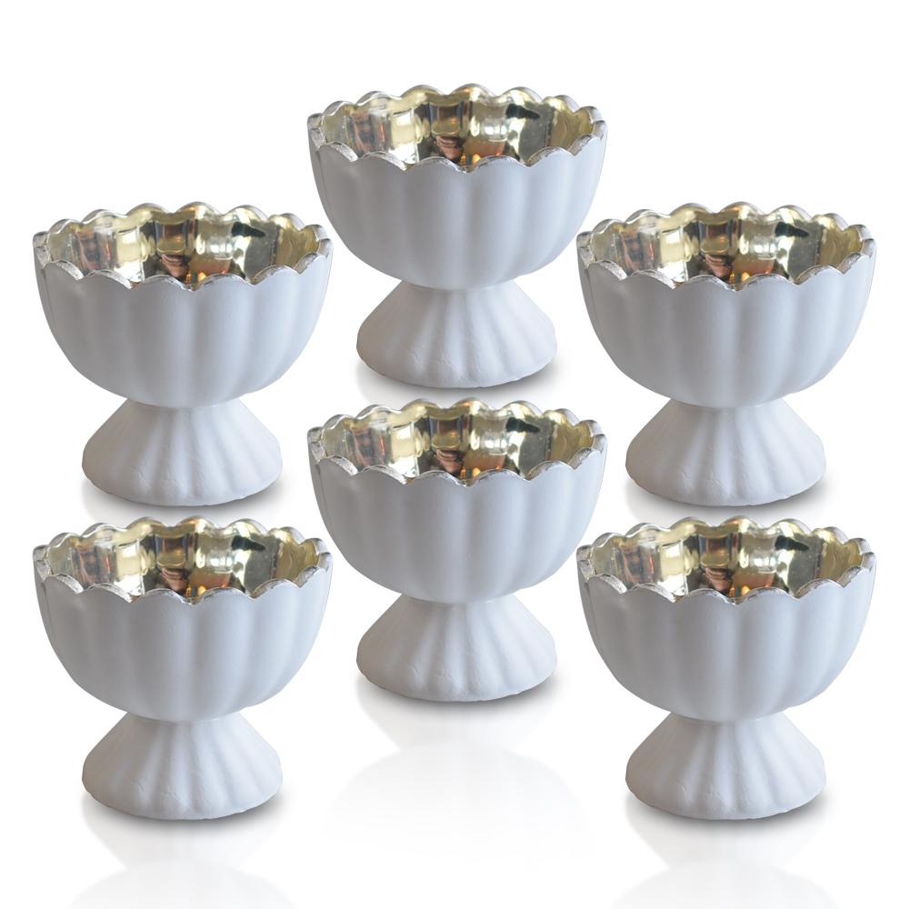 6 Pack | Vintage Mercury Glass Chalice Candle Holders (3-Inch, Suzanne Design, Sundae Cup Motif, Antique White) - For Use with Tea Lights - For Home Decor, Parties and Wedding Decorations - AsianImportStore.com - B2B Wholesale Lighting & Decor since 2002
