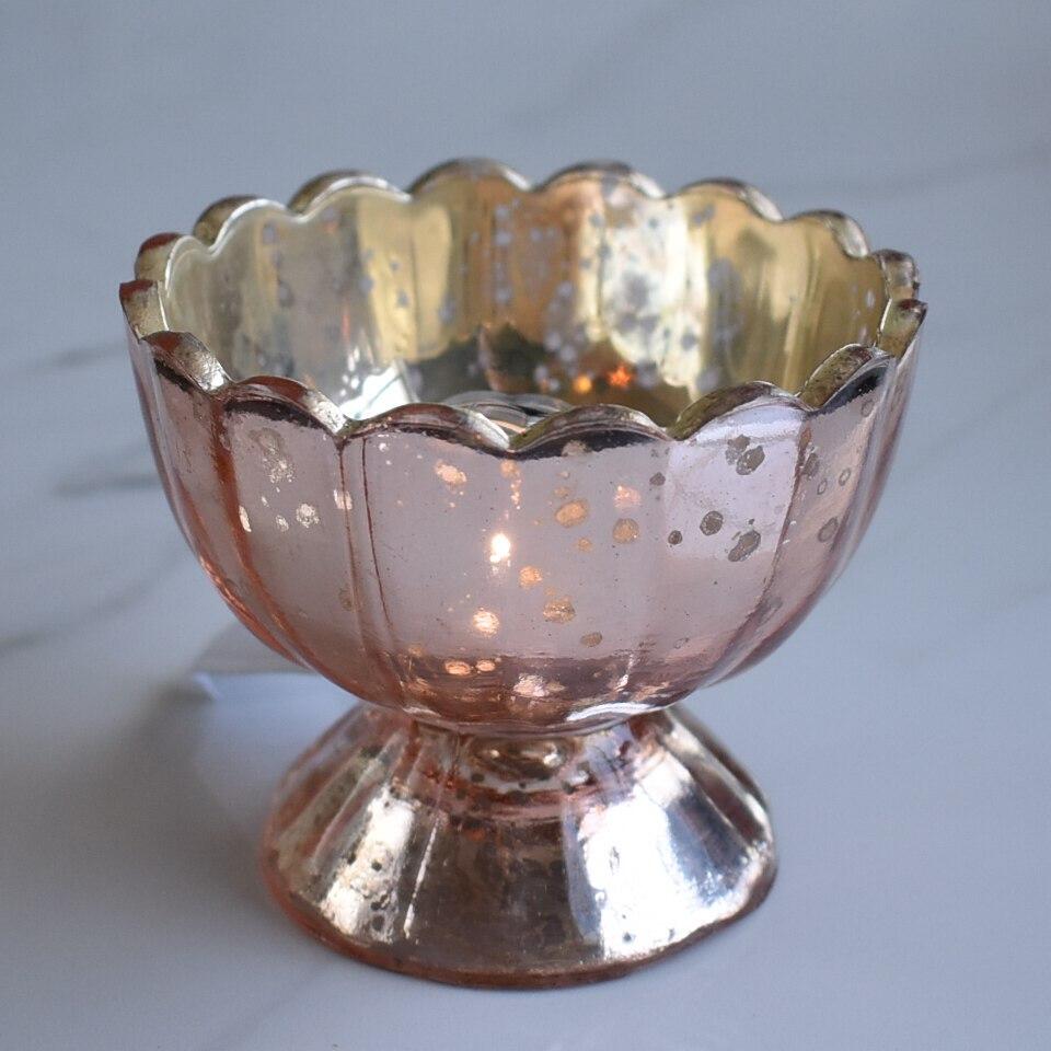 Vintage Mercury Glass Candle Holder (3-Inch, Suzanne Design, Sundae Cup Motif, Rose Gold Pink) - For Use with Tea Lights - Home Decor and Wedding Decorations - AsianImportStore.com - B2B Wholesale Lighting & Decor since 2002