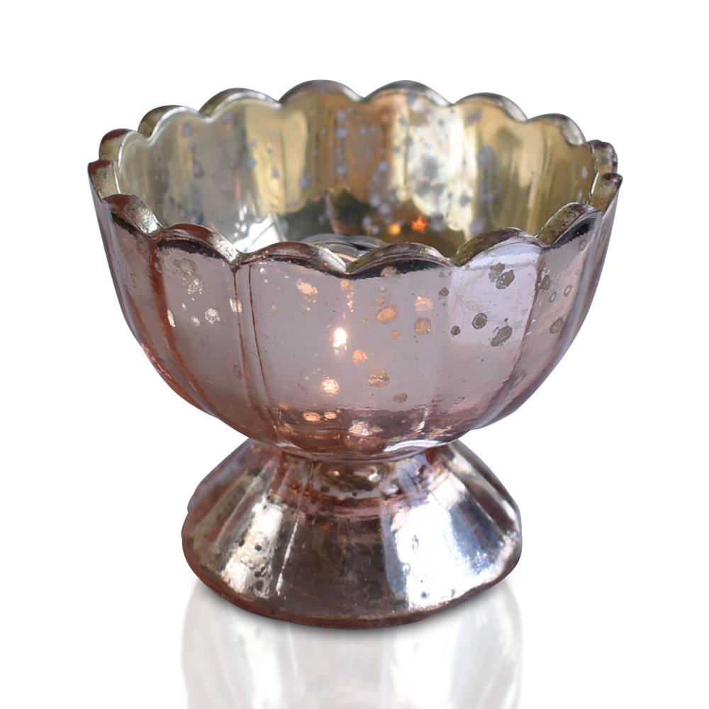 Vintage Mercury Glass Candle Holder (3-Inch, Suzanne Design, Sundae Cup Motif, Rose Gold Pink) - For Use with Tea Lights - Home Decor and Wedding Decorations - AsianImportStore.com - B2B Wholesale Lighting & Decor since 2002