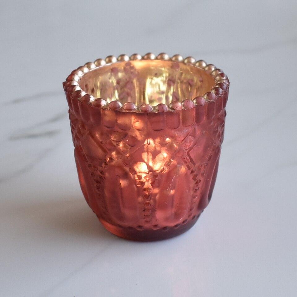  6 Pack | Faceted Vintage Mercury Glass Candle Holders (2.75-Inch, Lillian Design, Rustic Copper Red) - Use with Tea Lights - For Home Decor, Parties and Wedding Decorations - AsianImportStore.com - B2B Wholesale Lighting and Decor