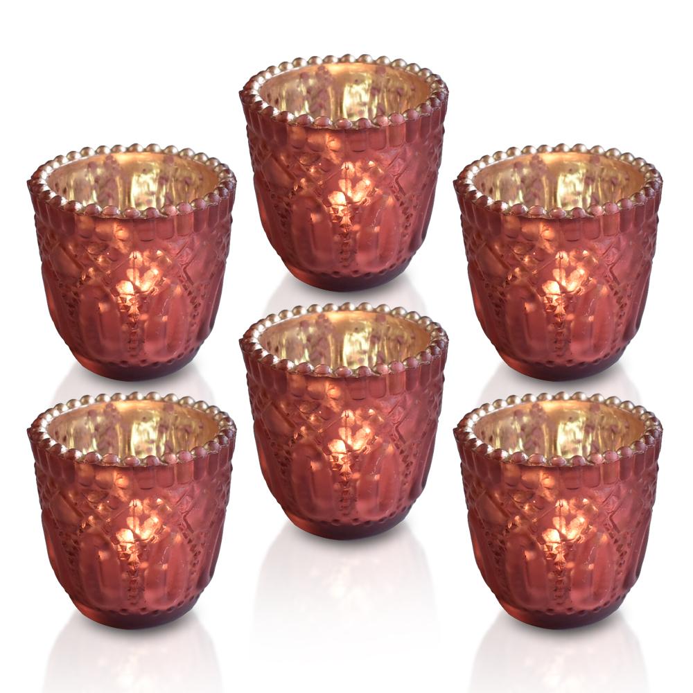  6 Pack | Faceted Vintage Mercury Glass Candle Holders (2.75-Inch, Lillian Design, Rustic Copper Red) - Use with Tea Lights - For Home Decor, Parties and Wedding Decorations - AsianImportStore.com - B2B Wholesale Lighting and Decor