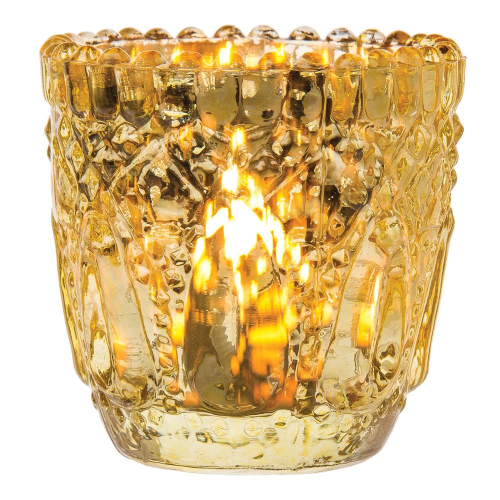 6 Pack | Faceted Vintage Mercury Glass Candle Holders (2.75-Inch, Lillian Design, Gold) - Use with Tea Lights - For Home Decor, Parties and Wedding Decorations - AsianImportStore.com - B2B Wholesale Lighting & Decor since 2002