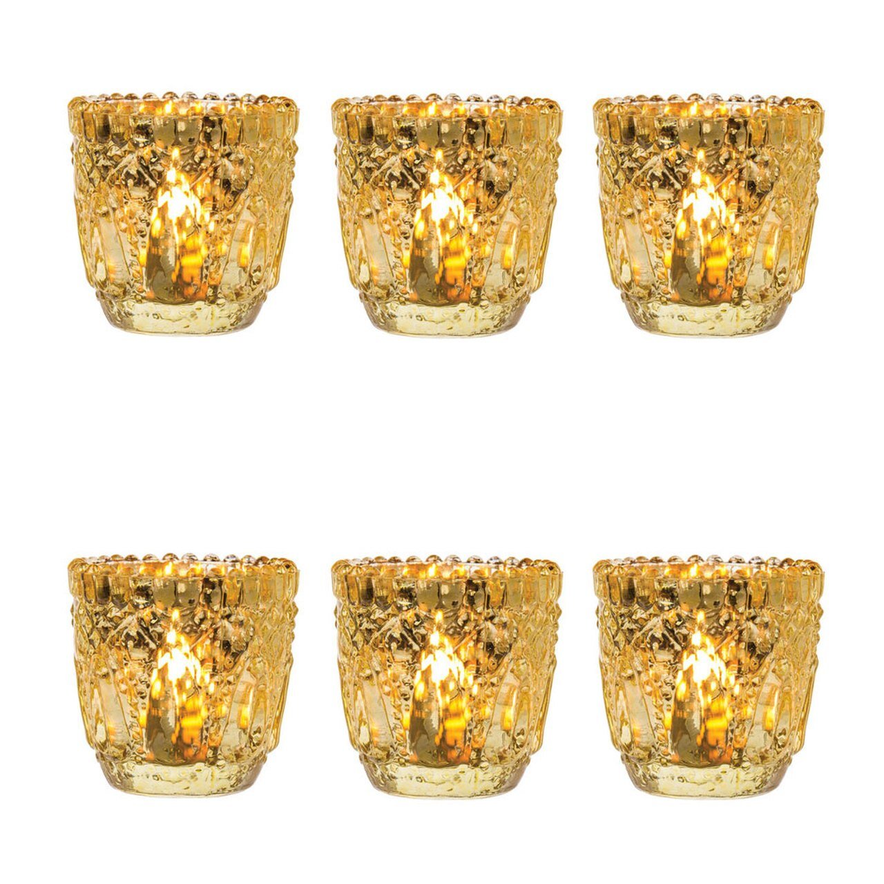 6 Pack | Faceted Vintage Mercury Glass Candle Holders (2.75-Inch, Lillian Design, Gold) - Use with Tea Lights - For Home Decor, Parties and Wedding Decorations - AsianImportStore.com - B2B Wholesale Lighting & Decor since 2002