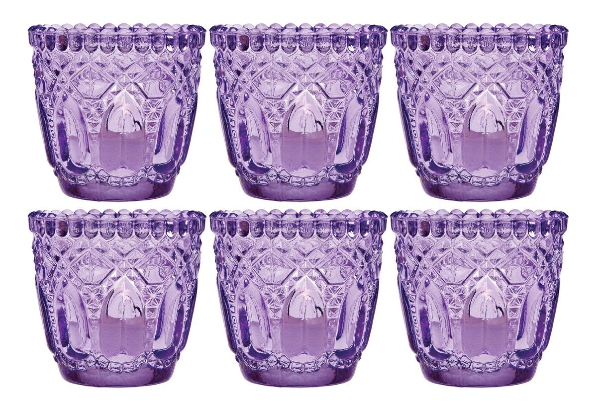 6 Pack | Faceted Vintage Glass Candle Holders (2.75-Inch, Lillian Design, Light Purple) - Use with Tea Lights - For Home Decor, Parties and Wedding Decorations - AsianImportStore.com - B2B Wholesale Lighting and Decor