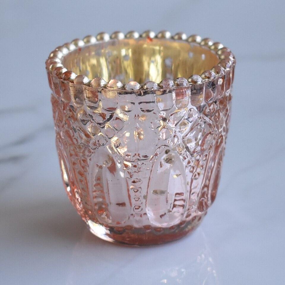 6 Pack | Faceted Vintage Mercury Glass Candle Holders (2.75-Inch, Lillian Design, Rose Gold Pink) - Use with Tea Lights - For Home Decor, Parties and Wedding Decorations - AsianImportStore.com - B2B Wholesale Lighting & Decor since 2002