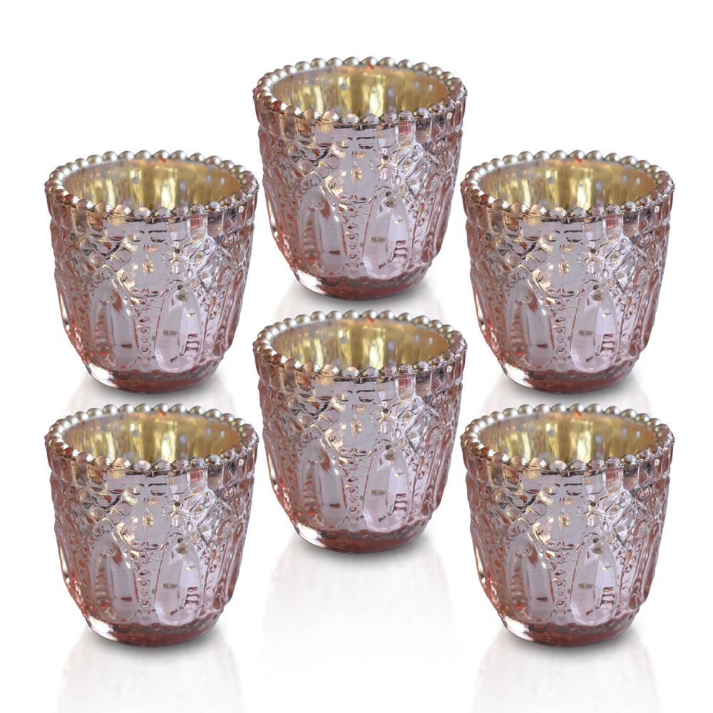 6 Pack | Faceted Vintage Mercury Glass Candle Holders (2.75-Inch, Lillian Design, Rose Gold Pink) - Use with Tea Lights - For Home Decor, Parties and Wedding Decorations - AsianImportStore.com - B2B Wholesale Lighting & Decor since 2002