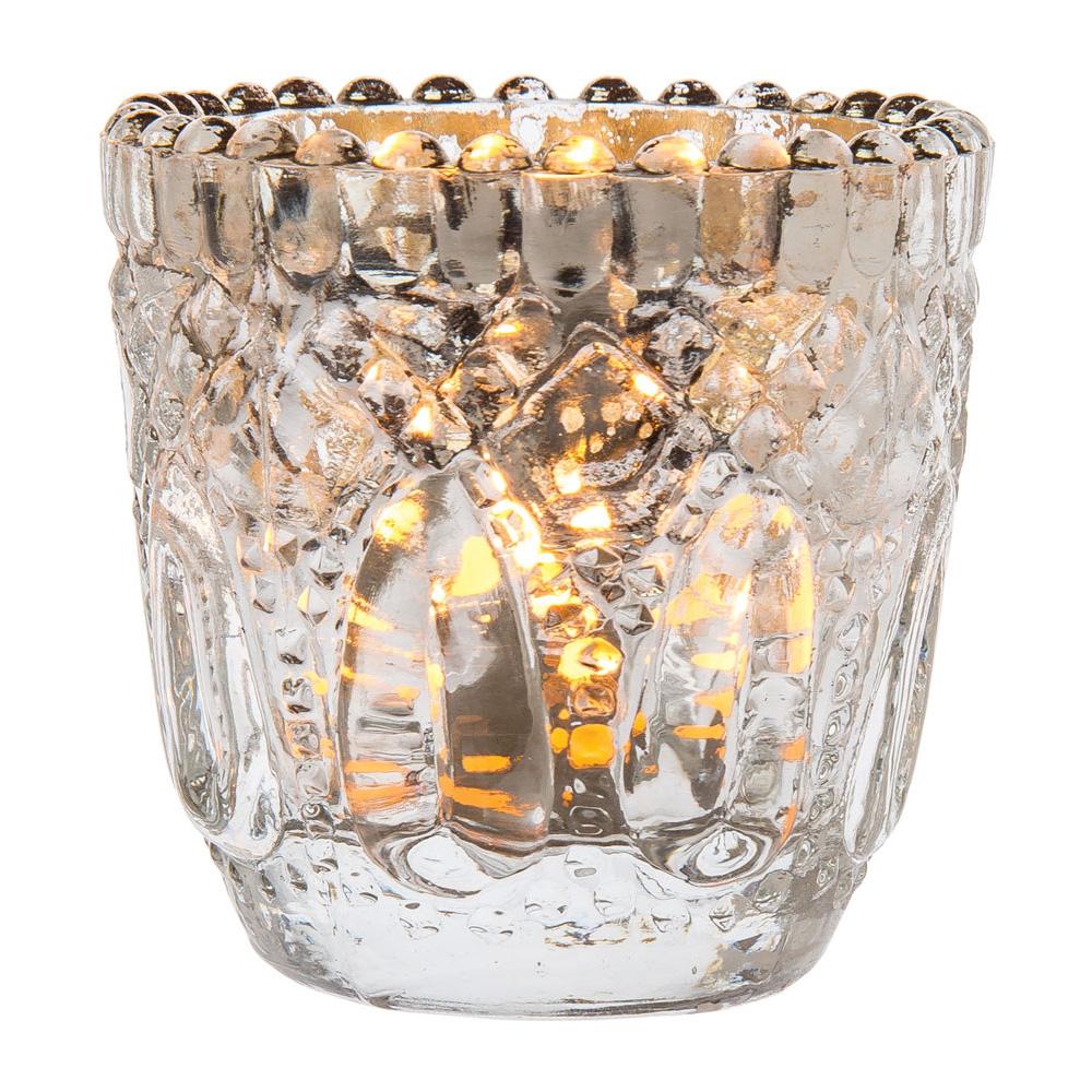6 Pack | Faceted Vintage Mercury Glass Candle Holders (2.75-Inches, Lillian Design, Silver) - For Use with Tea Lights - For Home Decor, Parties and Wedding Decorations - AsianImportStore.com - B2B Wholesale Lighting & Decor since 2002