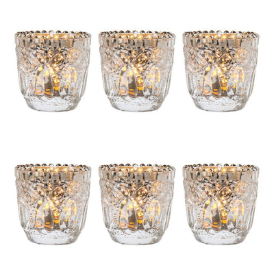 6 Pack | Faceted Vintage Mercury Glass Candle Holders (2.75-Inches, Lillian Design, Silver) - For Use with Tea Lights - For Home Decor, Parties and Wedding Decorations - AsianImportStore.com - B2B Wholesale Lighting & Decor since 2002