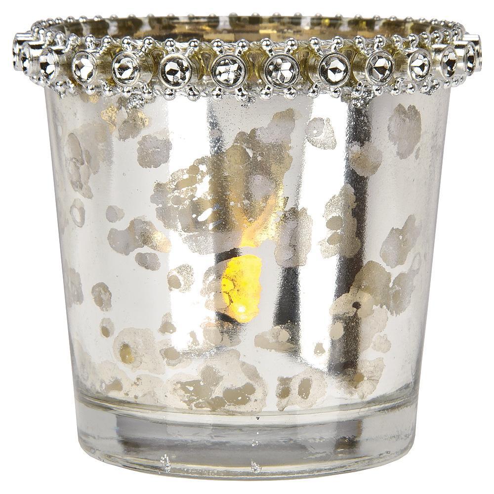 Vintage Mercury Glass Candle Holder with Rhinestones (2.5-Inch, Lila Design, Silver) - For Use with Tea Lights - For Parties, Weddings, and Homes (20 PACK) - AsianImportStore.com - B2B Wholesale Lighting and Décor