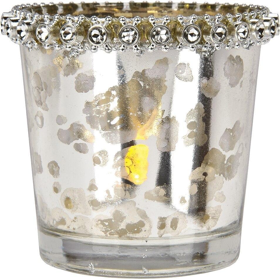 Vintage Mercury Glass Candle Holder with Rhinestones (2.5-Inch, Lila Design, Silver) - For Use with Tea Lights - For Parties, Weddings, and Homes (20 PACK) - AsianImportStore.com - B2B Wholesale Lighting and Décor