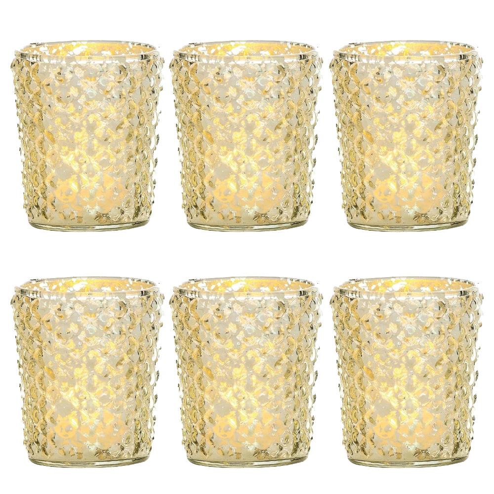 6 Pack | Vintage Mercury Glass Candle Holder (3-Inch, Zariah Design, Gold) - For Use with Tea Lights - For Home Decor, Parties, and Wedding Decorations - AsianImportStore.com - B2B Wholesale Lighting and Decor