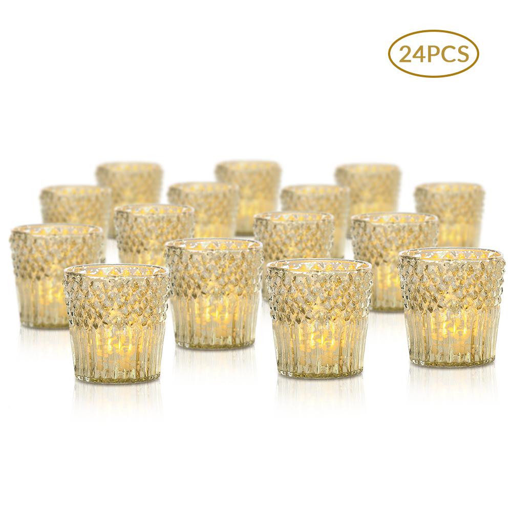 24 Pack | Vintage Mercury Glass Candle Holder (3-Inch, Ophelia Design, Gold) - For use with Tea Lights - For Home Decor, Parties and Wedding Decorations - AsianImportStore.com - B2B Wholesale Lighting and Decor