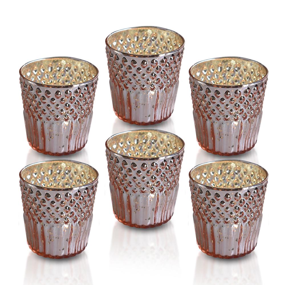 6 Pack | Mercury Glass Tealight Holders (2.75-Inches, Ophelia Design, Rose Gold Pink) - For Use with Tea Lights - For Home Decor, Parties and Wedding Decorations - AsianImportStore.com - B2B Wholesale Lighting and Decor