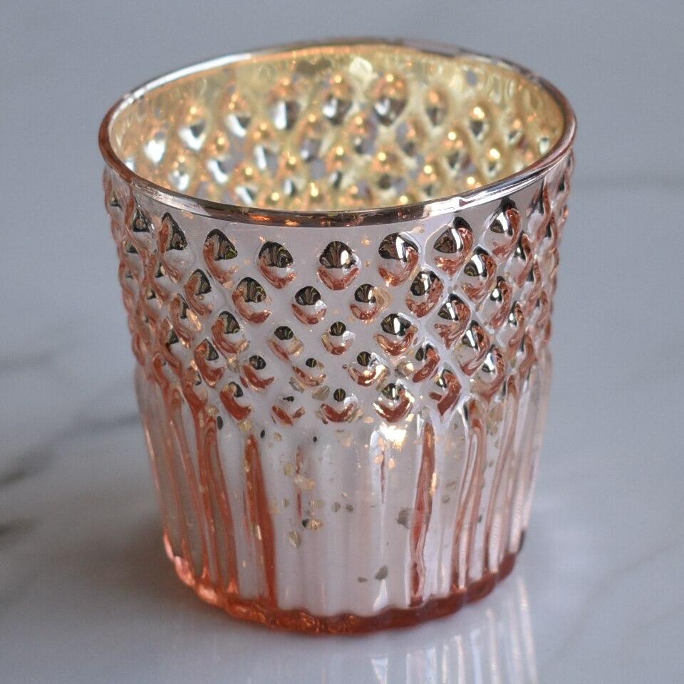 Vintage Mercury Glass Tealight Holder (2.75-Inch, Ophelia Design, Rose Gold Pink) - For Use with Tea Lights - For Home Decor, Parties and Wedding Decorations - AsianImportStore.com - B2B Wholesale Lighting and Decor