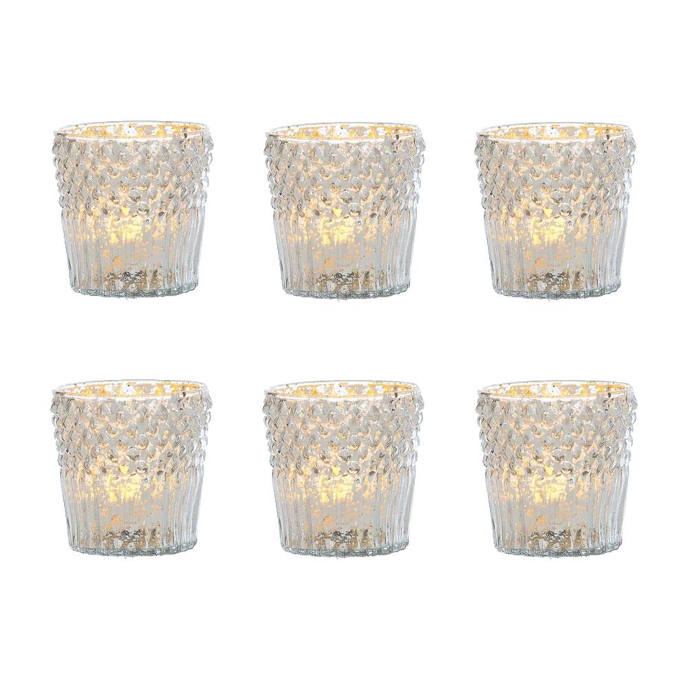 6 Pack | Vintage Mercury Glass Candle Holder (3-Inch, Ophelia Design, Silver) - For Use with Tea Lights - For Home Decor, Parties, Wedding Decorations - AsianImportStore.com - B2B Wholesale Lighting and Decor