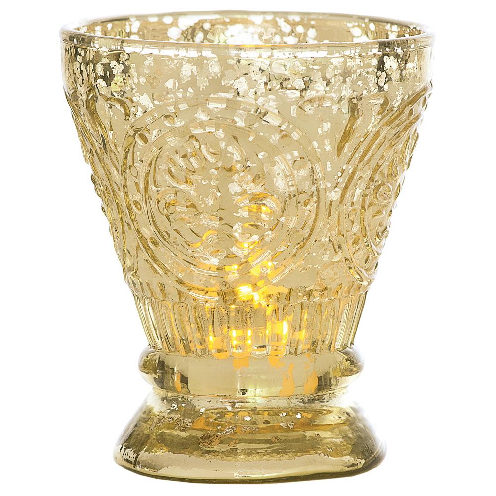 Vintage Mercury Glass Candle Holder (4-Inch, Rosemary Design, Gold) - For Use with Tea Lights - For Home Decor, Parties, and Wedding Decorations - AsianImportStore.com - B2B Wholesale Lighting and Decor