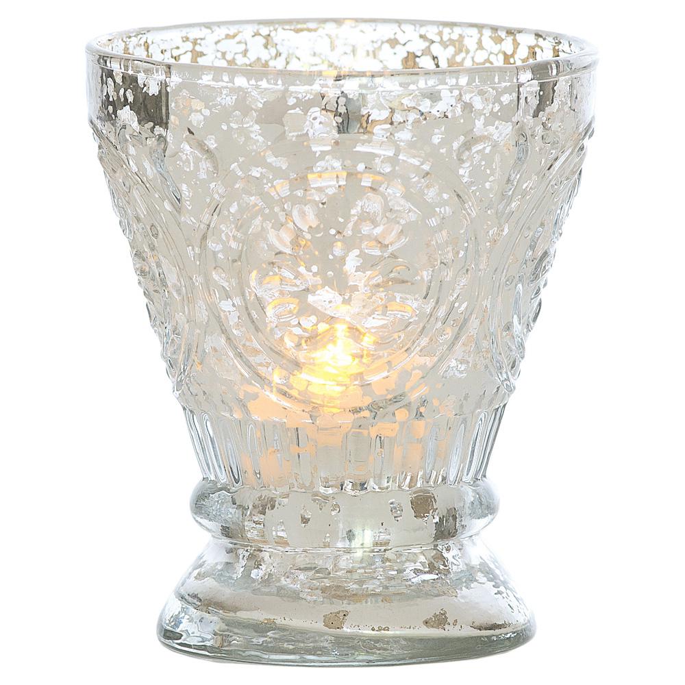 Vintage Mercury Glass Candle Holder (4-Inch, Rosemary Design, Silver) - For Use with Tea Lights - For Home Decor, Parties, and Wedding Decorations - AsianImportStore.com - B2B Wholesale Lighting and Decor
