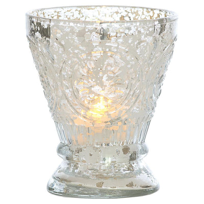 Vintage Mercury Glass Candle Holder (4-Inch, Rosemary Design, Silver) - For Use with Tea Lights - For Home Decor, Parties, and Wedding Decorations - AsianImportStore.com - B2B Wholesale Lighting and Decor
