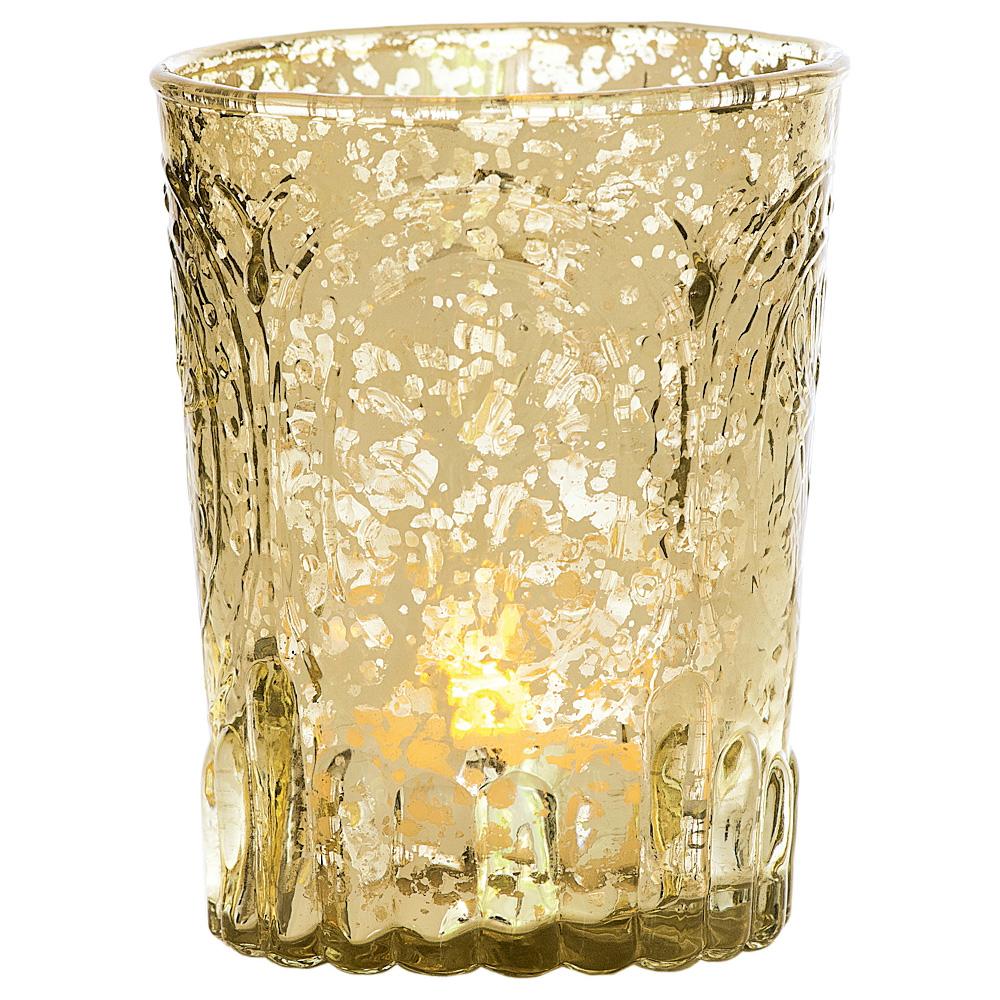 Vintage Mercury Glass Candle Holder (4-Inch, Heather Design, Gold) - For Use with Tea Lights - For Home Decor, Parties, and Wedding Decorations - AsianImportStore.com - B2B Wholesale Lighting & Decor since 2002