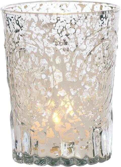 Vintage Mercury Glass Candle Holder (4-Inch, Heather Design, Silver) - For Use with Tea Lights - For Home Decor, Parties, and Wedding Decorations - AsianImportStore.com - B2B Wholesale Lighting and Decor