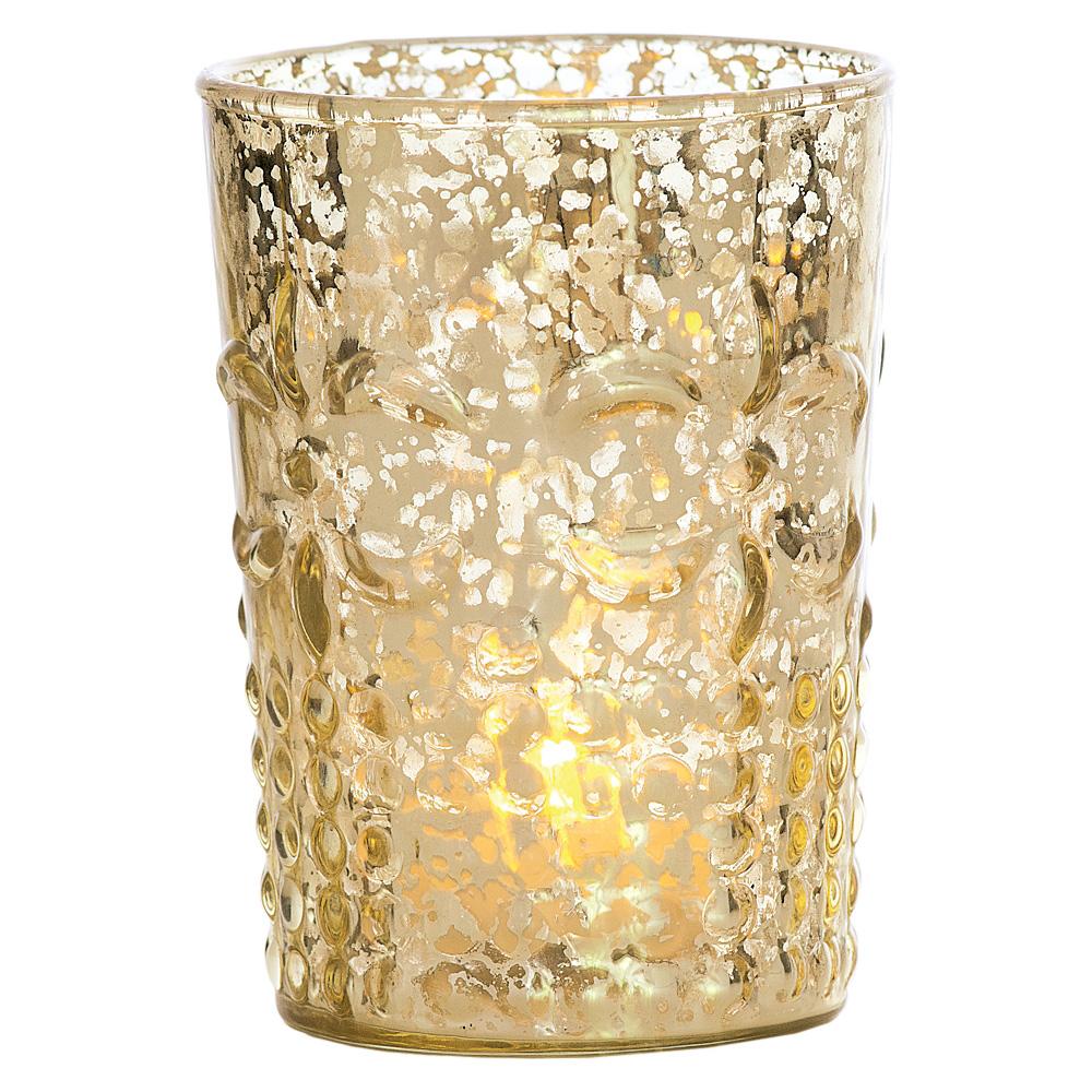 Vintage Mercury Glass Candle Holder (4-Inch, Fleur Design, Flower Motif, Gold, Set of 2) - For Home Decor, Party Decorations, and Wedding Centerpieces - AsianImportStore.com - B2B Wholesale Lighting and Decor