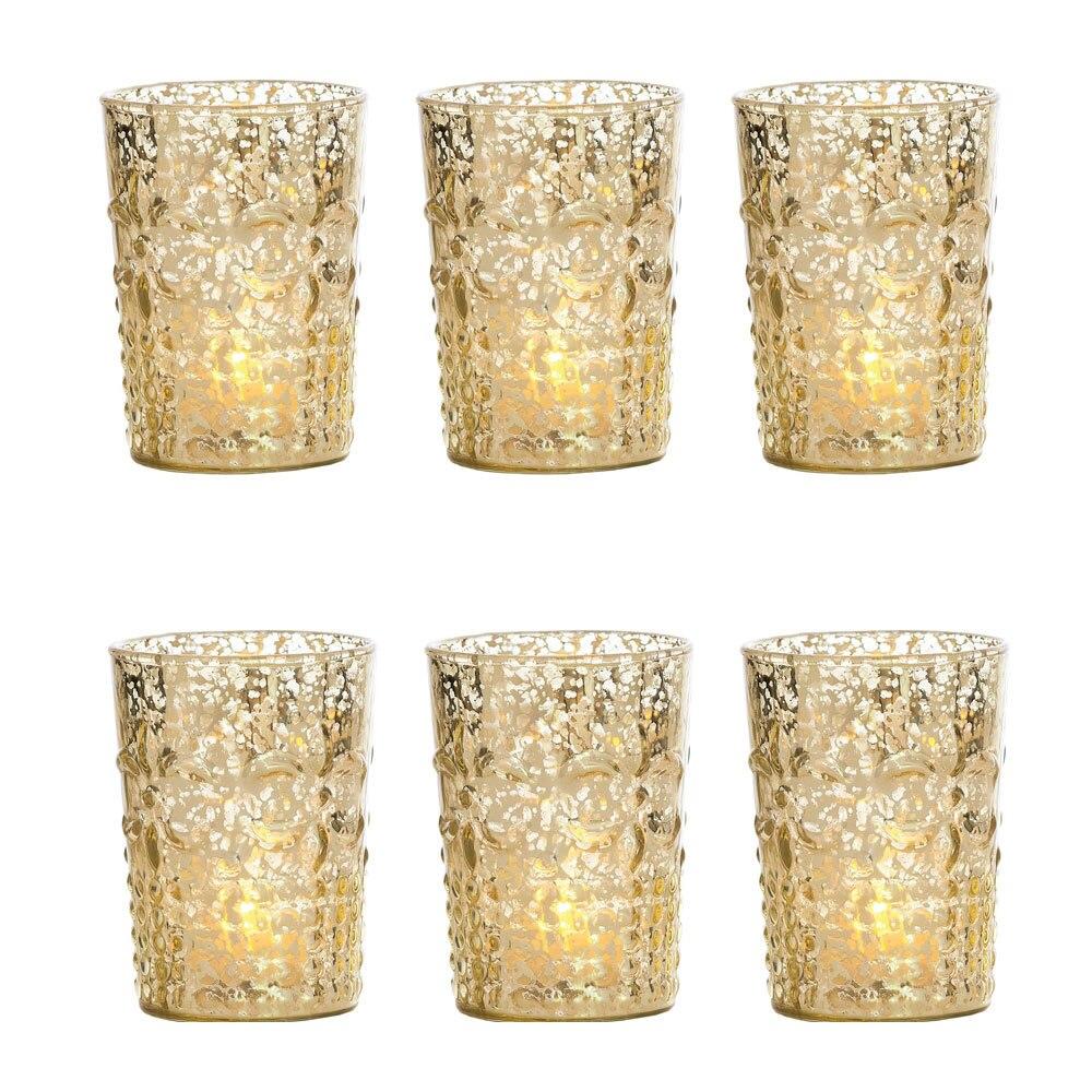 6 Pack | Vintage Mercury Glass Candle Holder (4-Inch, Fleur Design, Flower Motif, Gold) - For Home Decor, Party Decorations, and Wedding Centerpieces - AsianImportStore.com - B2B Wholesale Lighting and Decor