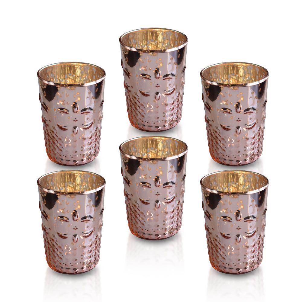 6 Pack | Fleur Mercury Glass Tealight Holders (Rose Gold Pink) For Use with Tea Lights - For Home Decor, Parties and Wedding Decorations - Mercury Glass Votive Holders - AsianImportStore.com - B2B Wholesale Lighting and Decor