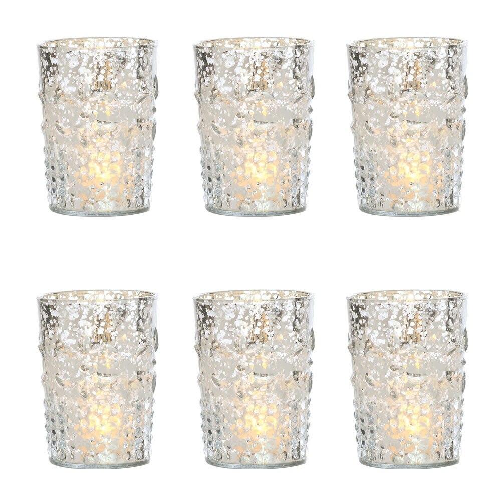 6 Pack | Vintage Mercury Glass Candle Holder (4-Inch, Fleur Design, Flower Motif, Silver) - For Home Decor, Party Decorations and Wedding Centerpieces - AsianImportStore.com - B2B Wholesale Lighting and Decor