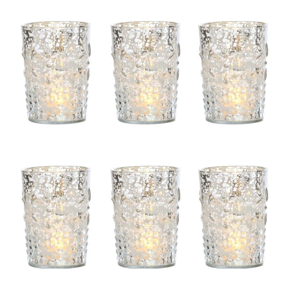 6 Pack | Vintage Mercury Glass Candle Holder (4-Inch, Fleur Design, Flower Motif, Silver) - For Home Decor, Party Decorations and Wedding Centerpieces - AsianImportStore.com - B2B Wholesale Lighting and Decor