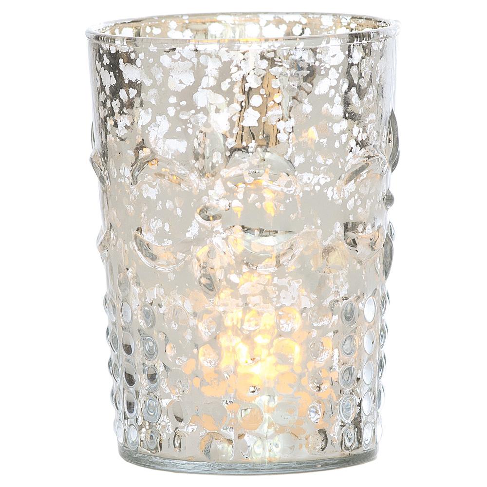 Vintage Mercury Glass Candle Holder (4-Inch, Fleur Design, Flower Motif, Silver) - For Home Decor, Party Decorations, and Wedding Centerpieces - AsianImportStore.com - B2B Wholesale Lighting and Decor