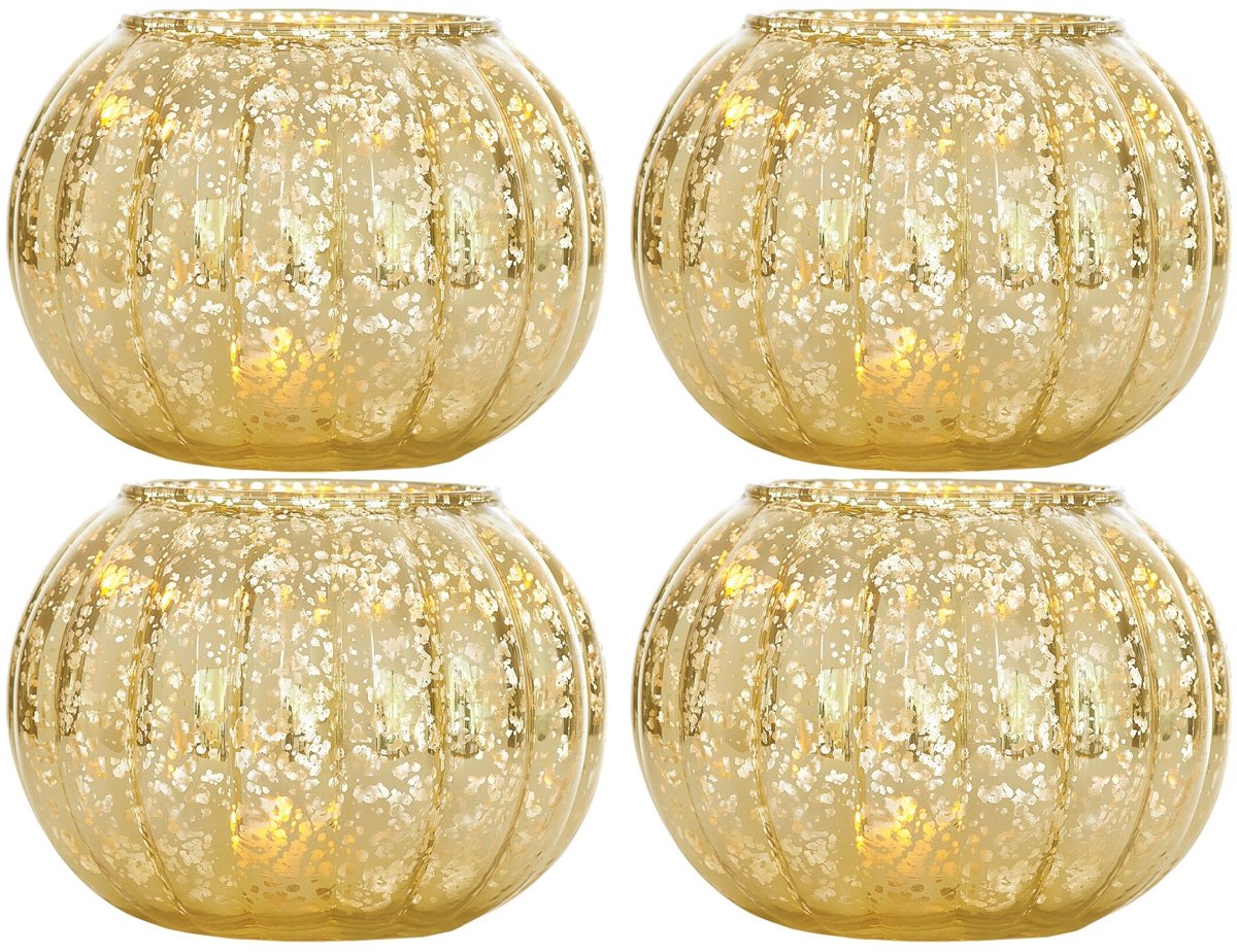 4 Pack | Small Vintage Mercury Glass Candle Holder (3.5-Inch, Autumn Design, Gold) - For Home Decor, Party Decorations, and Wedding Centerpieces - AsianImportStore.com - B2B Wholesale Lighting and Decor
