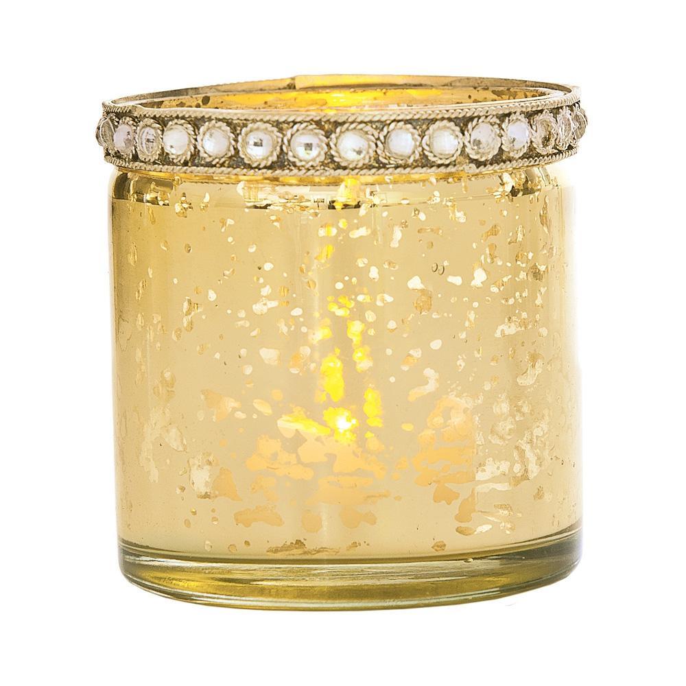 (Discontinued) (20 PACK) Vintage Mercury Glass Candle Holder with Rhinestones (2.5-Inch, Thea Design, Gold) - For Use with Tea Lights - For Home Decor, Parties, and Wedding Decorations