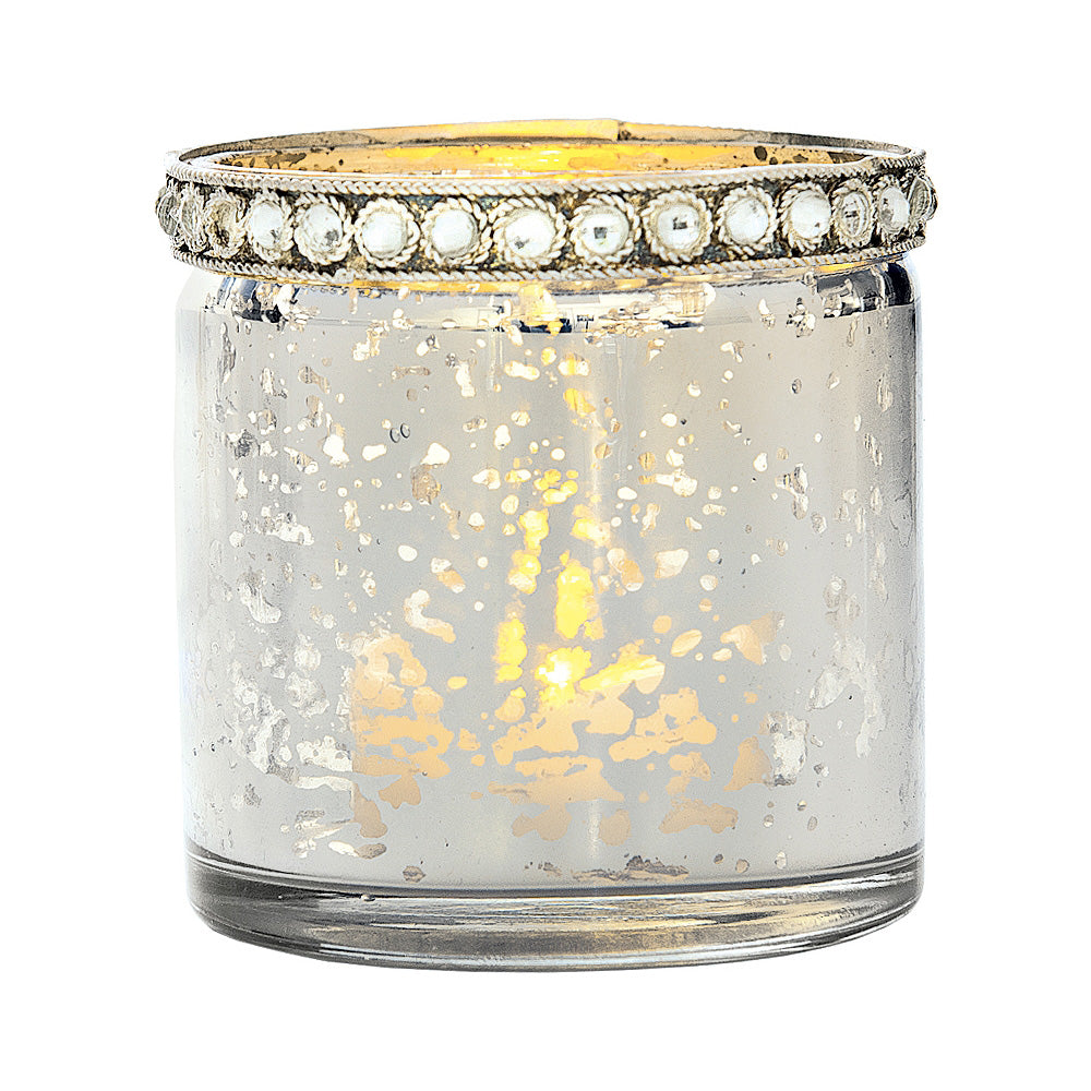 Vintage Mercury Glass Candle Holder with Rhinestones (2.5-Inch, Thea Design, Silver) - For Use with Tea Lights - For Home Decor, Parties, and Wedding Decorations - AsianImportStore.com - B2B Wholesale Lighting & Décor since 2002.