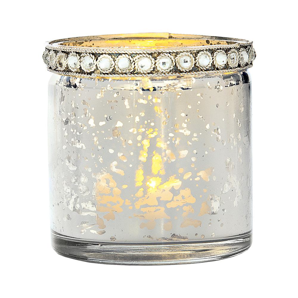 Vintage Mercury Glass Candle Holder with Rhinestones (2.5-Inch, Thea Design, Silver) - For Use with Tea Lights - For Home Decor, Parties, and Wedding Decorations - AsianImportStore.com - B2B Wholesale Lighting and Decor