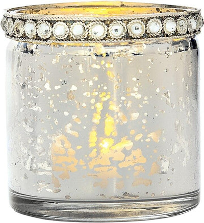 Vintage Mercury Glass Candle Holder with Rhinestones (2.5-Inch, Thea Design, Silver) - For Use with Tea Lights - For Home Decor, Parties, and Wedding Decorations - AsianImportStore.com - B2B Wholesale Lighting and Decor