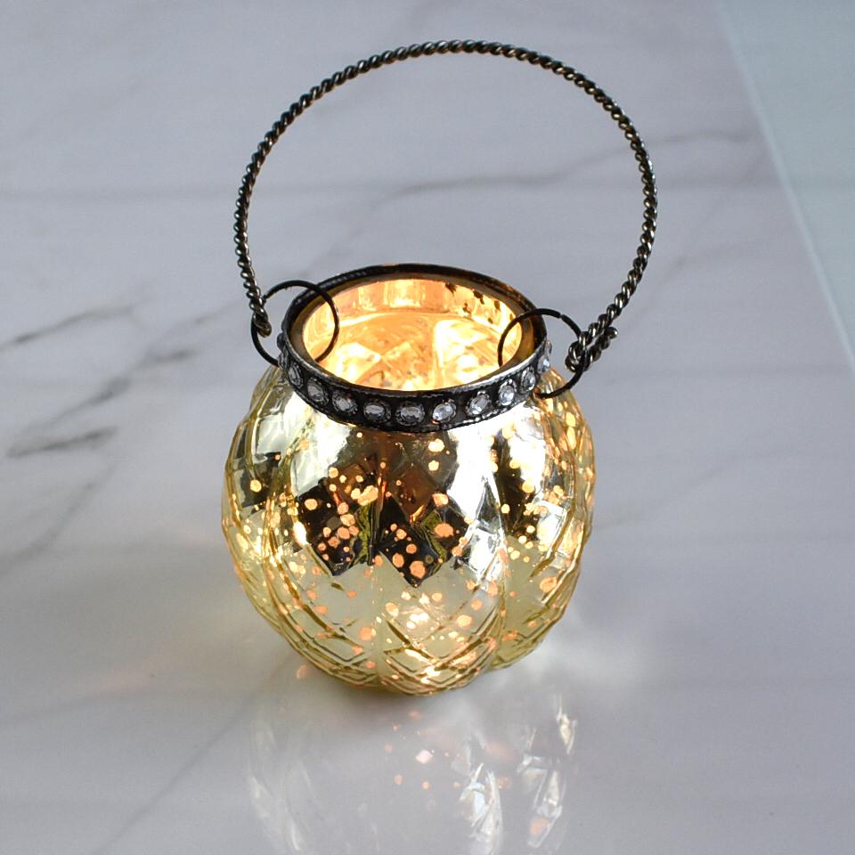 Hanging Mercury Glass Candle Holder with Rhinestones (2.5-Inch, Aria Design, Gold) - For Use with Tea Lights - For Home Decor, Parties, and Wedding Decorations - AsianImportStore.com - B2B Wholesale Lighting and Decor