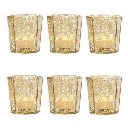 6 Pack | Vintage Mercury Glass Candle Holder (2.75-Inch, Patricia Design, Gold) - For Use with Tea Lights - For Home Decor, Parties, and Wedding Decorations - AsianImportStore.com - B2B Wholesale Lighting and Decor