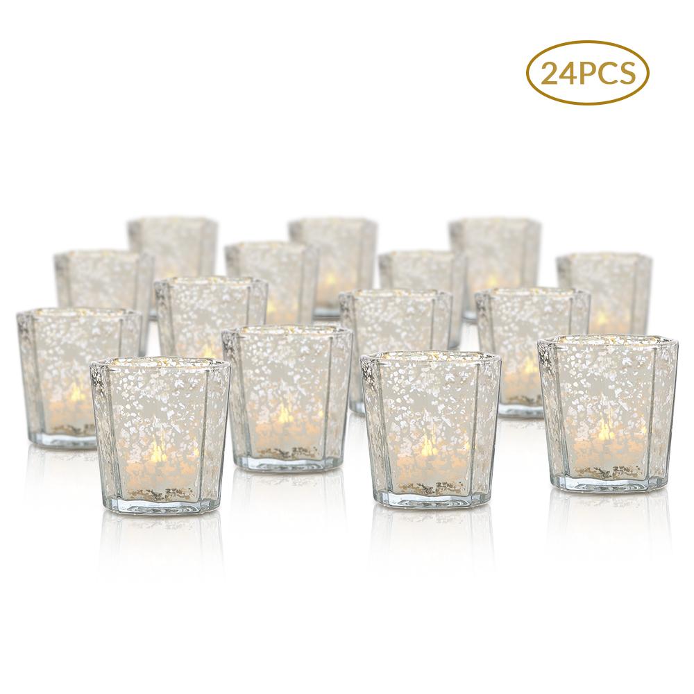 24 Pack | Vintage Mercury Glass Candle Holder (2.75-Inch, Patricia Design, Silver) - AsianImportStore.com - B2B Wholesale Lighting and Decor