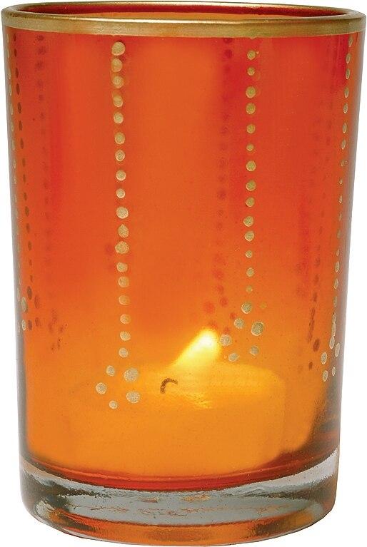 Gilded Glass Candle Holder (3.5-Inch, Justine Design, Orange, Vertical Accents) - Use with Tea Lights - Home Decor, Parties, and Wedding Decorations - AsianImportStore.com - B2B Wholesale Lighting and Decor