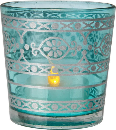 (Discontinued) (20 PACK) Glass Candle Holder (2.5-Inch, Elisa Design, Turquoise Blue, Mehndi Silver Accents) - For Use with Tea Lights - For Home Decor, Parties, and Wedding Decorations