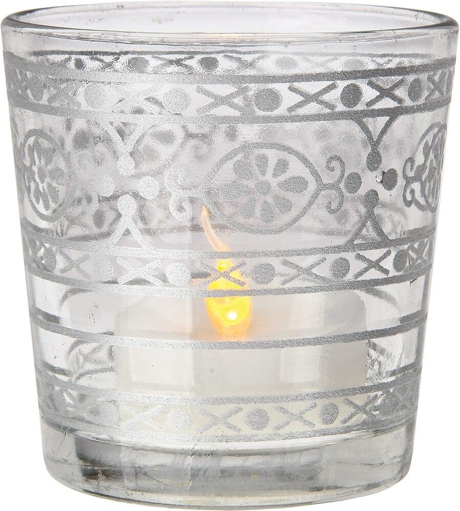 Glass Candle Holder (2.5-Inch, Elisa Design, Clear, Mehndi Silver Accents) - For Use with Tea Lights - For Home Decor, Parties and Wedding Decorations - AsianImportStore.com - B2B Wholesale Lighting and Decor