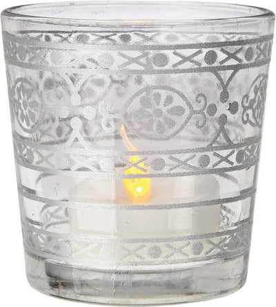 Glass Candle Holder (2.5-Inch, Elisa Design, Clear, Mehndi Silver Accents) - For Use with Tea Lights - For Home Decor, Parties and Wedding Decorations - AsianImportStore.com - B2B Wholesale Lighting and Decor