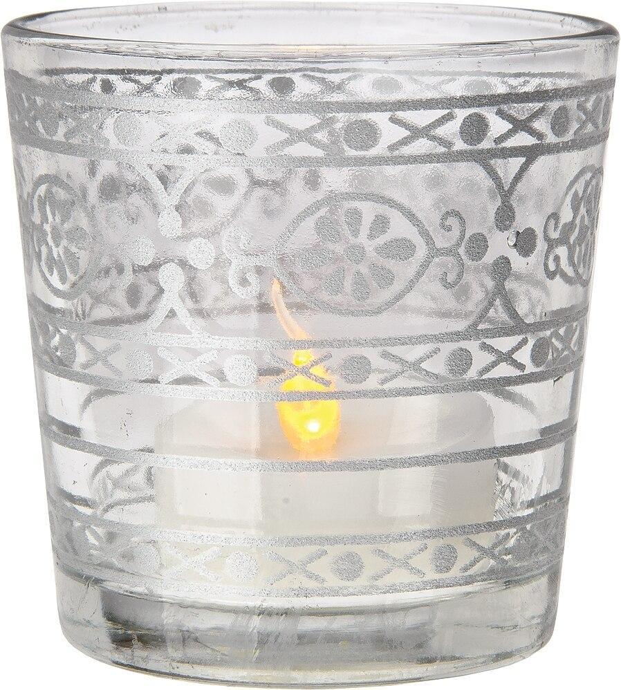 Glass Candle Holder (2.5-Inch, Elisa Design, Clear, Mehndi Silver Accents) - For Use with Tea Lights - For Home Decor, Parties and Wedding Decorations (20 PACK) - AsianImportStore.com - B2B Wholesale Lighting and Décor