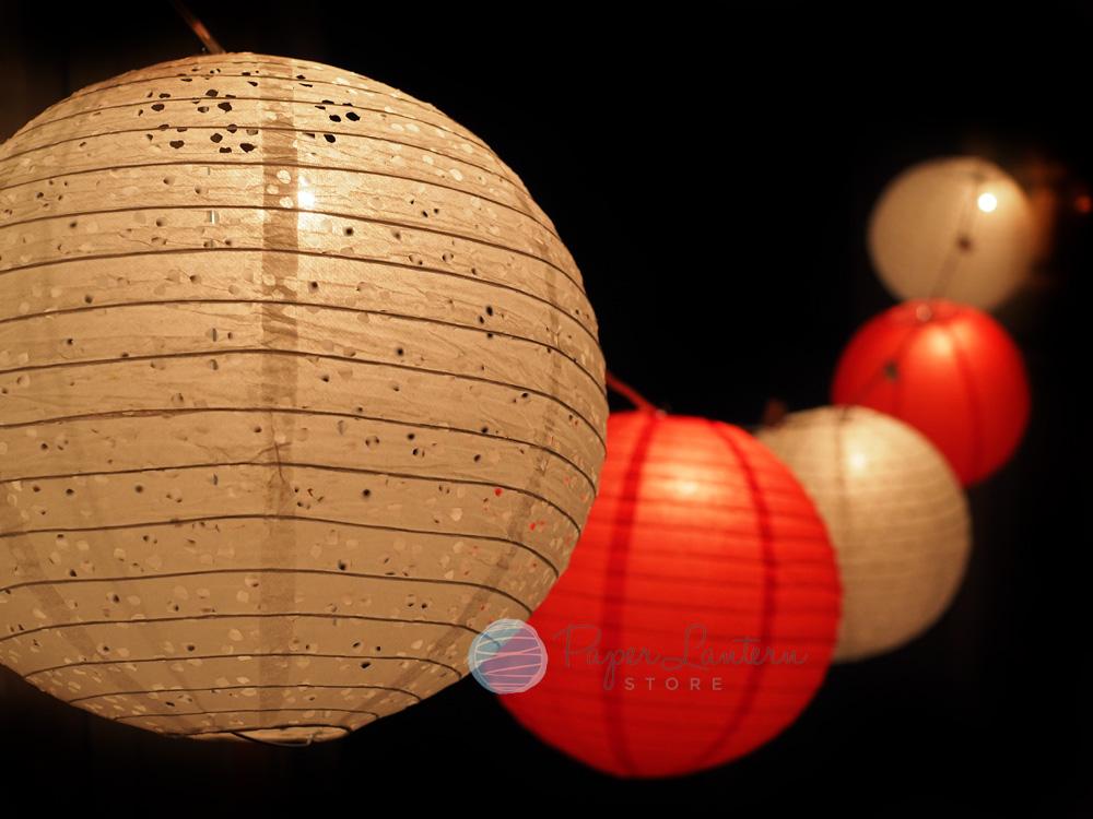 12" Valentine's Day Red / White Lace Paper Lantern String Light COMBO Kit (21 FT, EXPANDABLE, White Cord) - AsianImportStore.com - B2B Wholesale Lighting and Decor