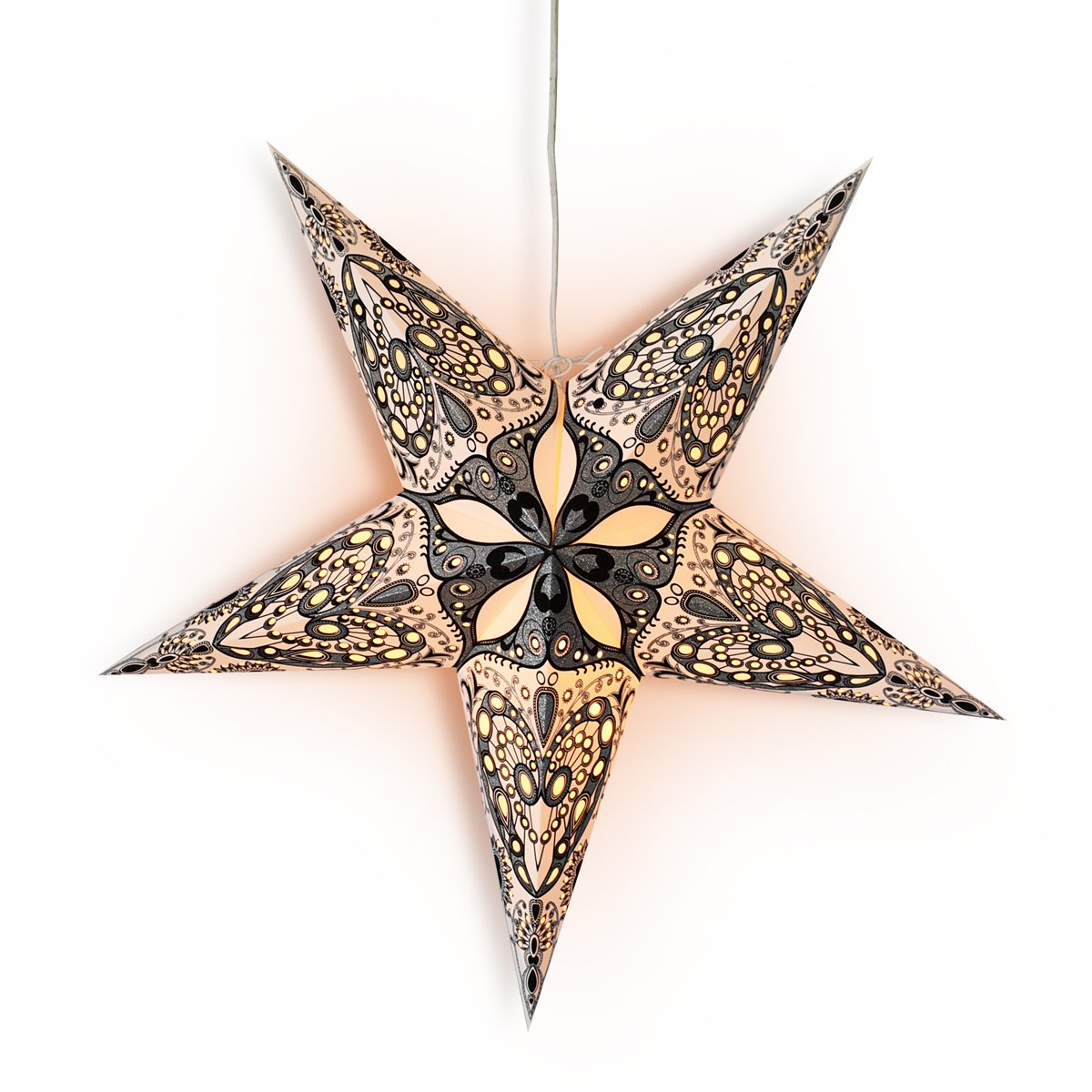 3-PACK + Cord | 24" White Victoria Glitter Paper Star Lantern and Lamp Cord Hanging Decoration - AsianImportStore.com - B2B Wholesale Lighting and Decor