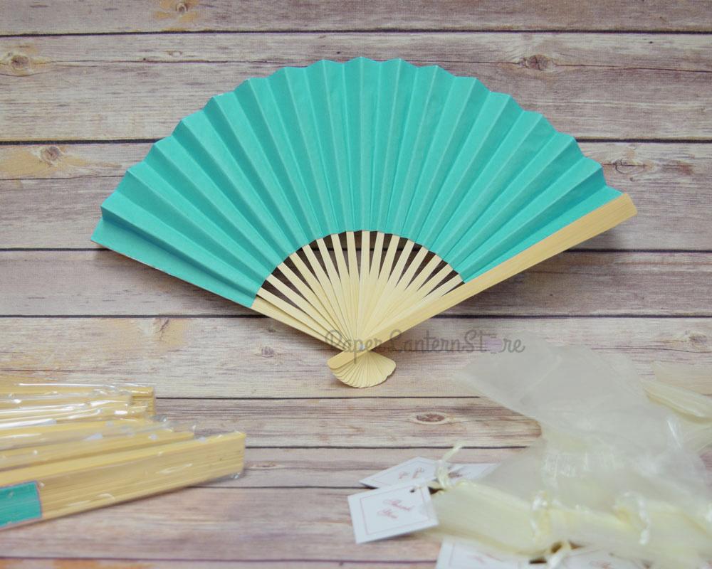 9" Water Blue Paper Hand Fans w/ Beige Organza Bag (Combo 10 Pack) - AsianImportStore.com - B2B Wholesale Lighting and Decor