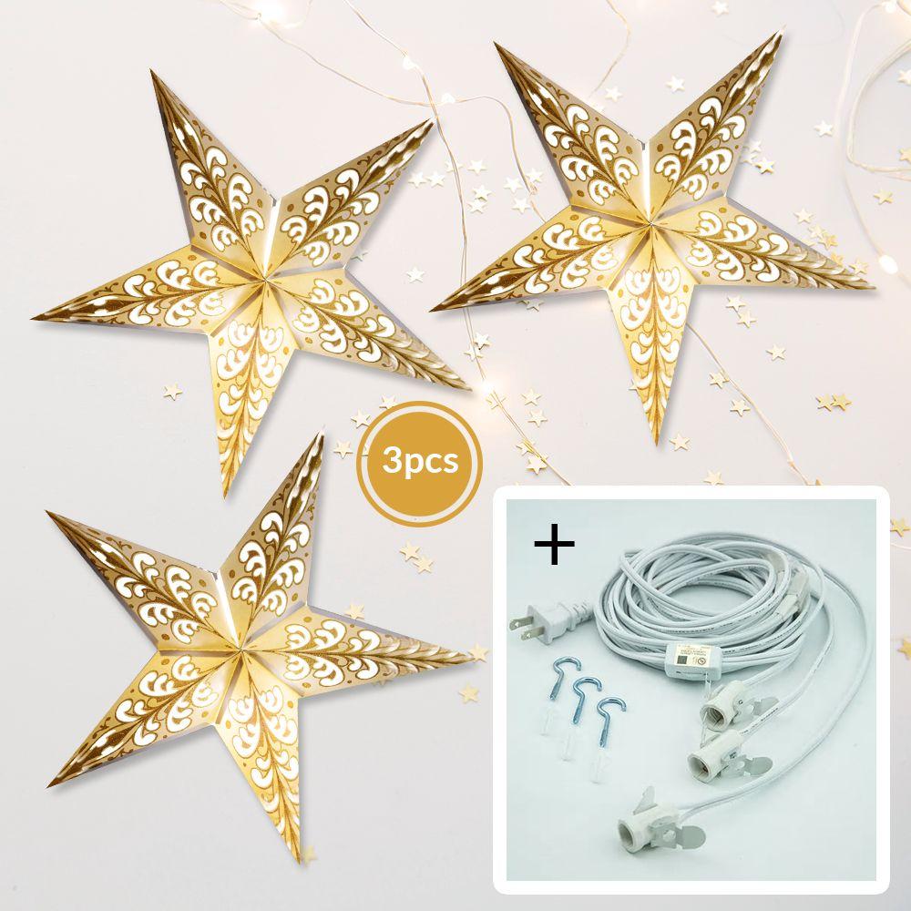 3-PACK + Cord | Gold Glitter Wave 24" Illuminated Paper Star Lanterns and Lamp Cord Hanging Decorations - AsianImportStore.com - B2B Wholesale Lighting and Decor